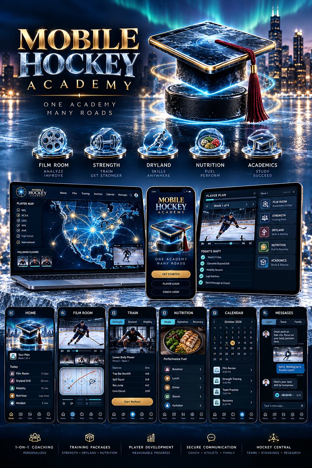 Mobile Hockey Academy on laptop, phone and tablet: film room, strength, dryland, nutrition and academics